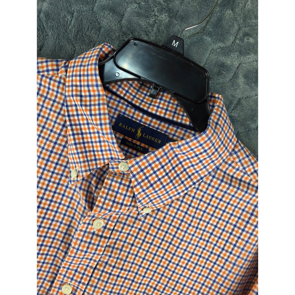 Ralph Lauren XXL Orange Blue Gingham 140s 2-Ply Cotton Button Down Shirt Mens